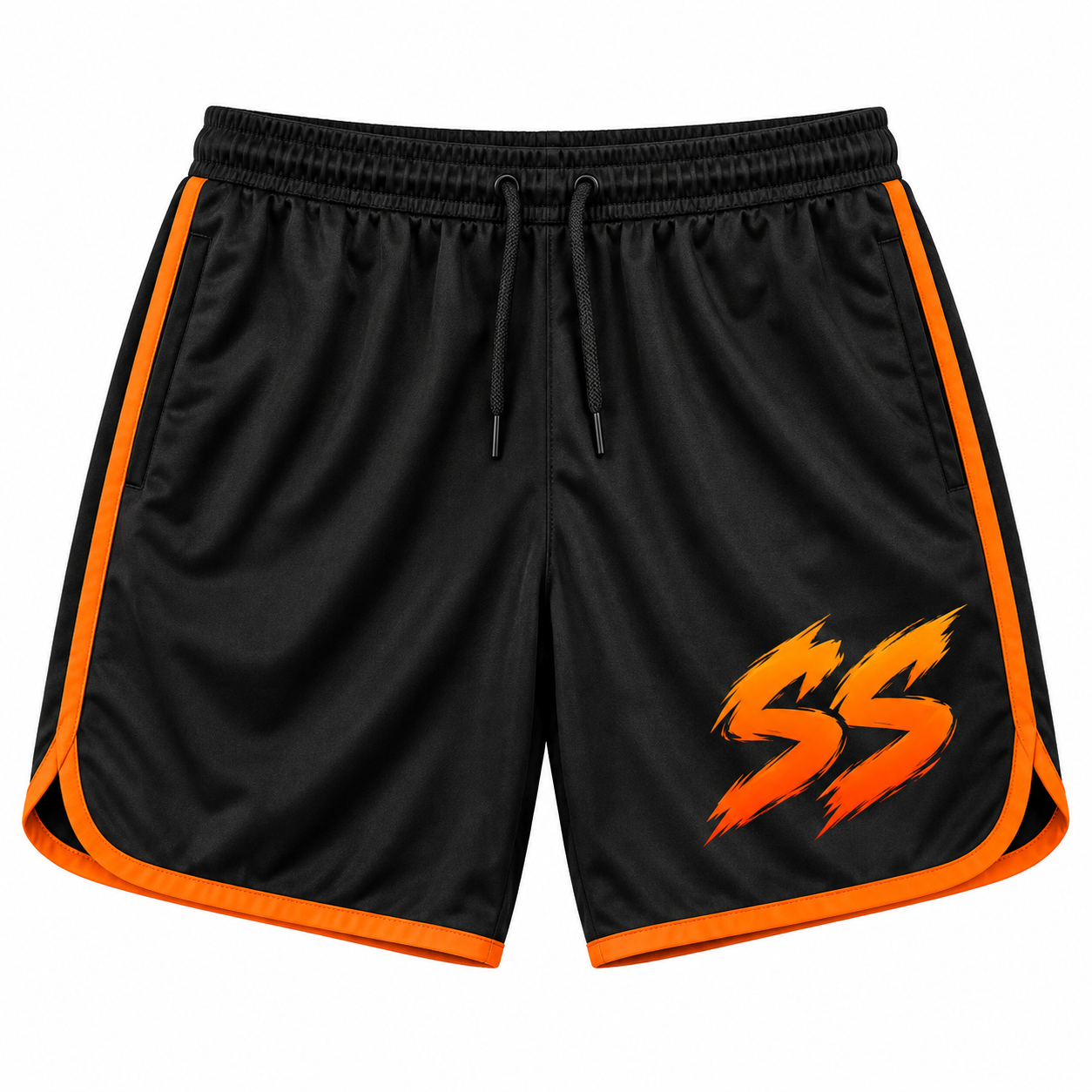 Design concept: black athletic shorts with orange SS branding