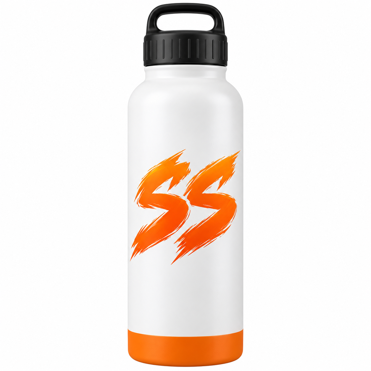 Design concept: white water bottle with orange SS logo and black cap